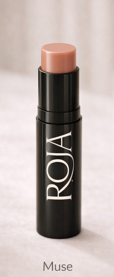 Black lipstick stick with pink shade and 'ROJA' branding